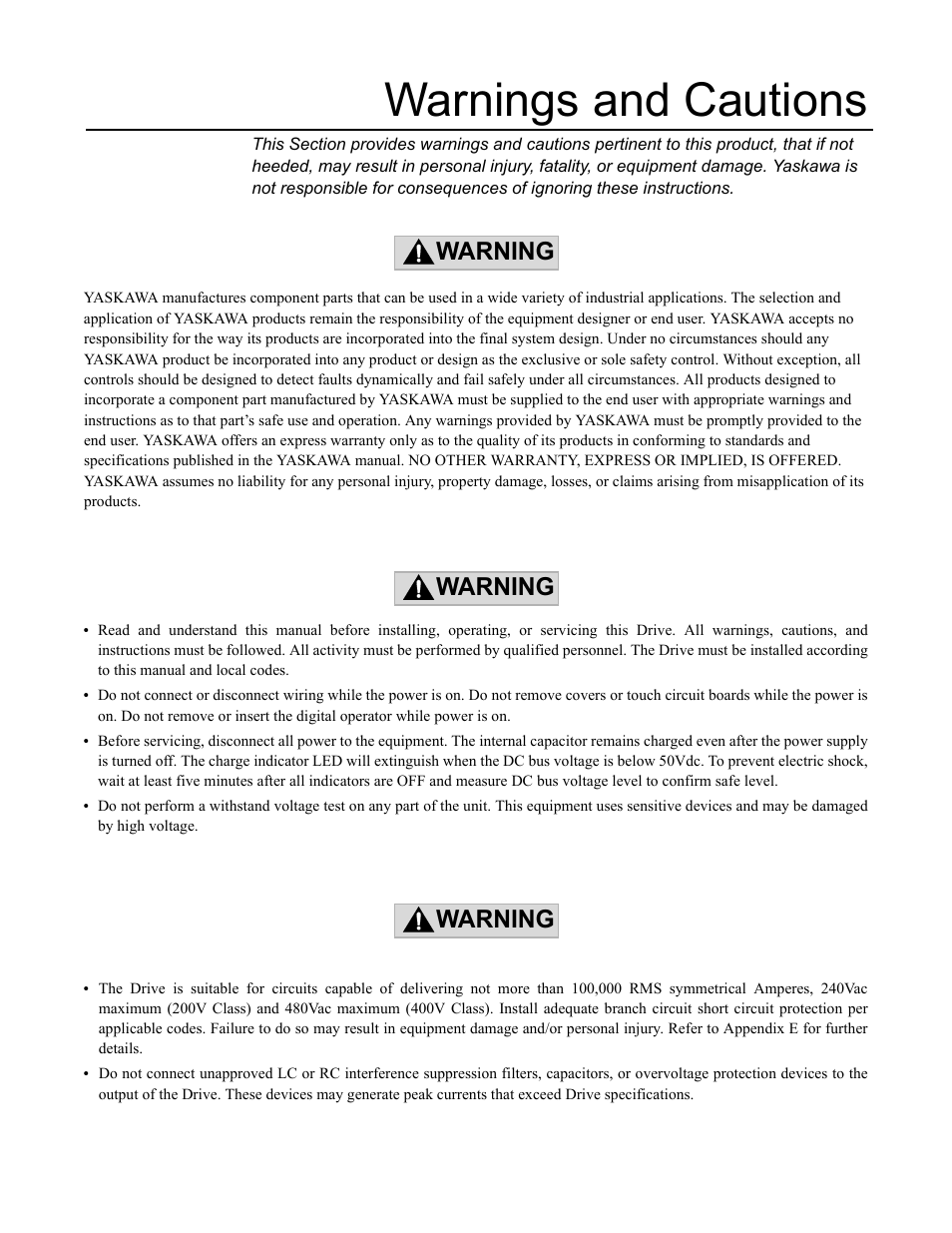 Warnings and cautions, Warning | Yaskawa F7 Drive Programming Manual User Manual | Page 3 / 202