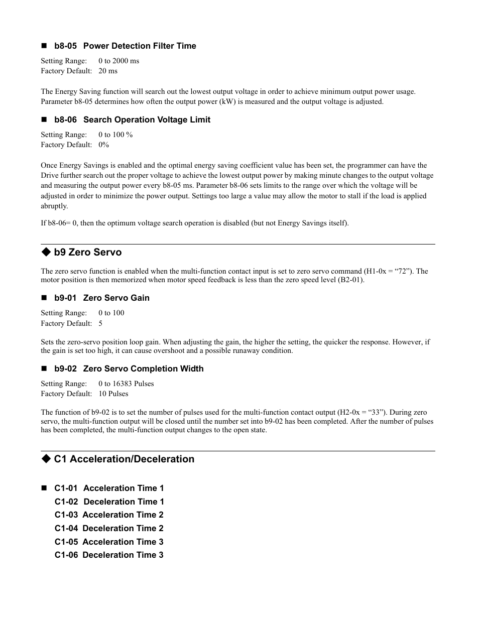 B9 zero servo, C1 acceleration/deceleration | Yaskawa F7 Drive Programming Manual User Manual | Page 34 / 202