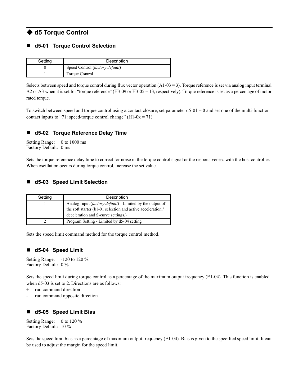 D5 torque control | Yaskawa F7 Drive Programming Manual User Manual | Page 51 / 202