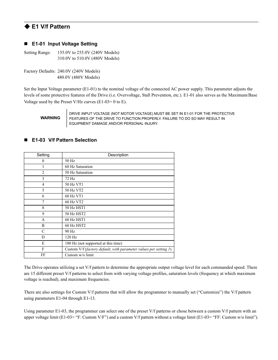 E1 v/f pattern, Programming 50 | Yaskawa F7 Drive Programming Manual User Manual | Page 58 / 202