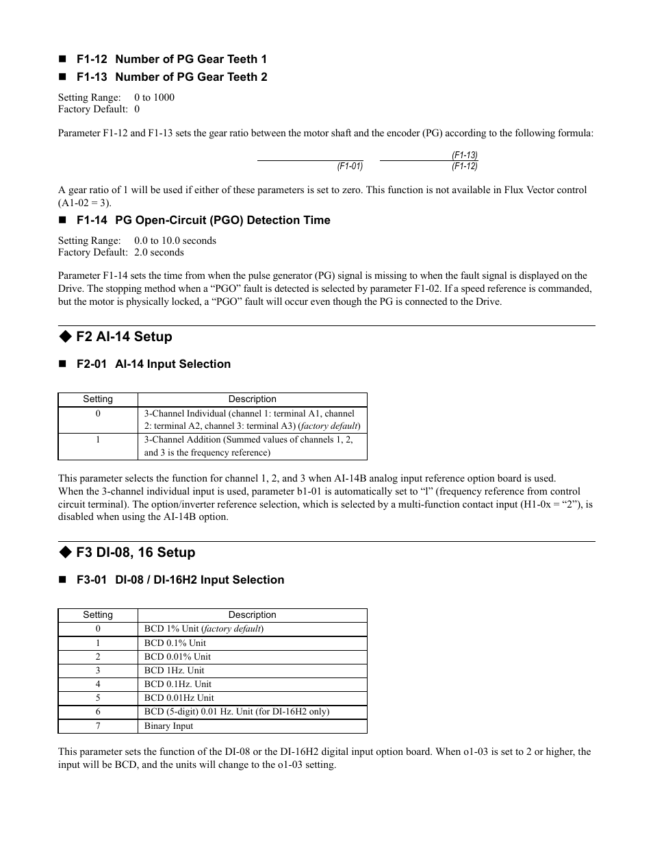 F2 ai-14 setup, F3 di-08, 16 setup | Yaskawa F7 Drive Programming Manual User Manual | Page 73 / 202