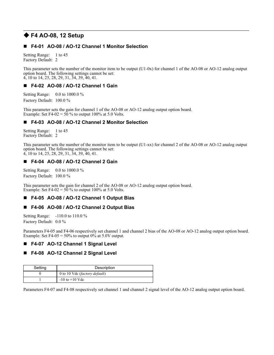 F4 ao-08, 12 setup | Yaskawa F7 Drive Programming Manual User Manual | Page 74 / 202