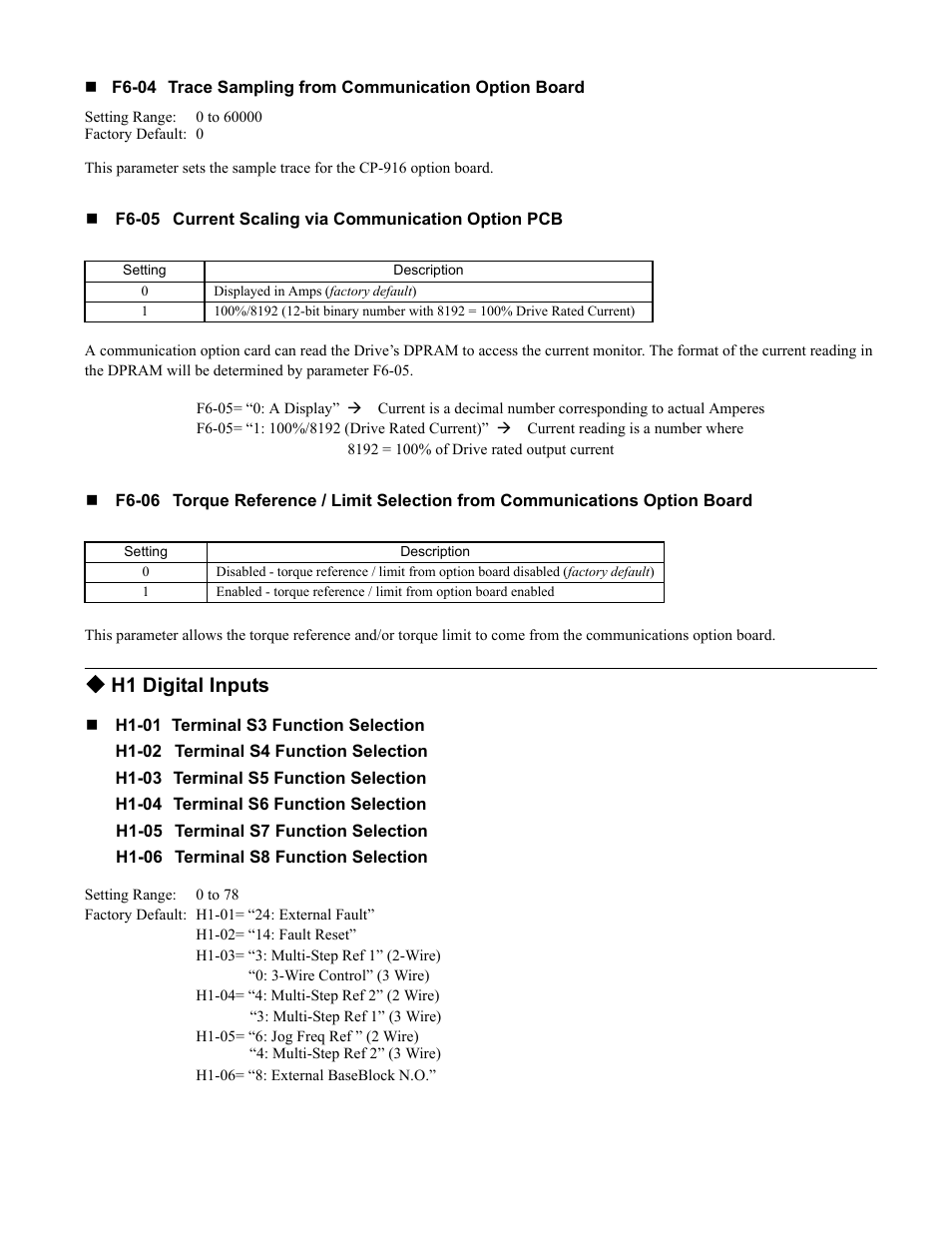 H1 digital inputs | Yaskawa F7 Drive Programming Manual User Manual | Page 77 / 202
