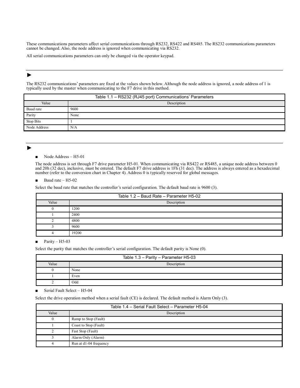 Communications parameters, Communications parameters -6, Rs232 communications | Connections 1-6 | Yaskawa F7 Modbus User Manual | Page 11 / 84