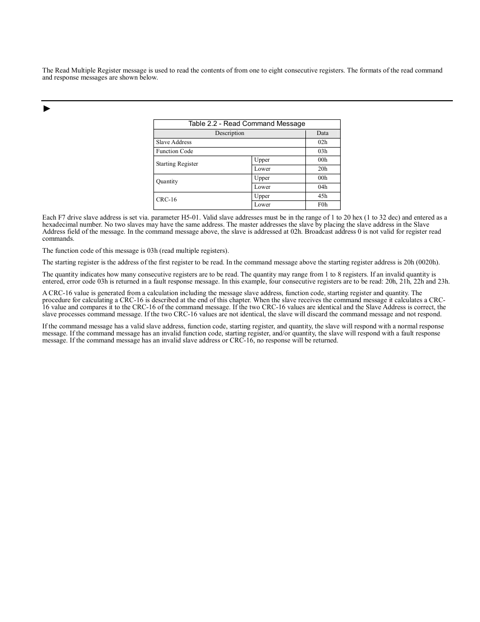 Read multiple registers – function code 03h, Read multiple registers – function code 03h -2, Read multiple registers command message | Yaskawa F7 Modbus User Manual | Page 19 / 84