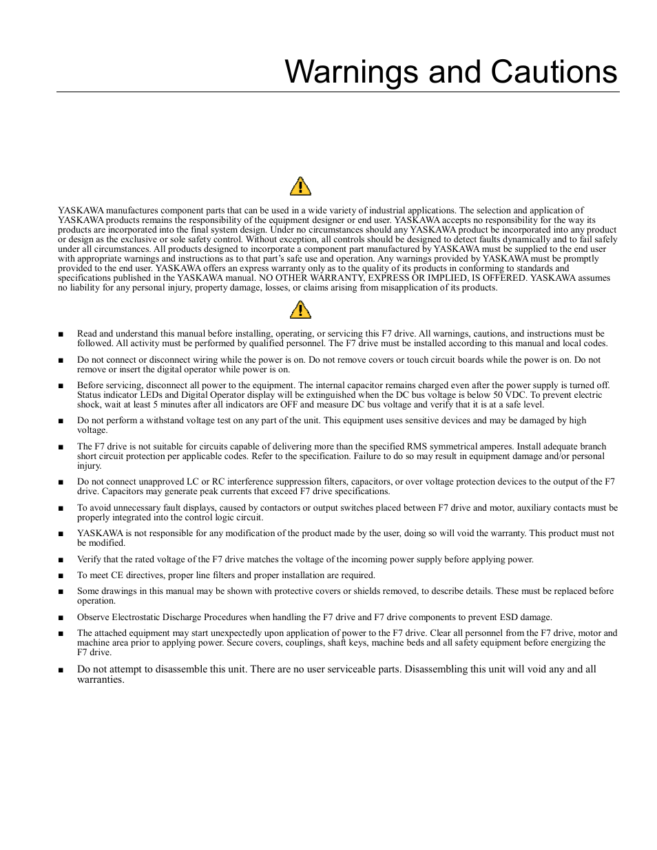 Warnings and cautions, Warning | Yaskawa F7 Modbus User Manual | Page 2 / 84