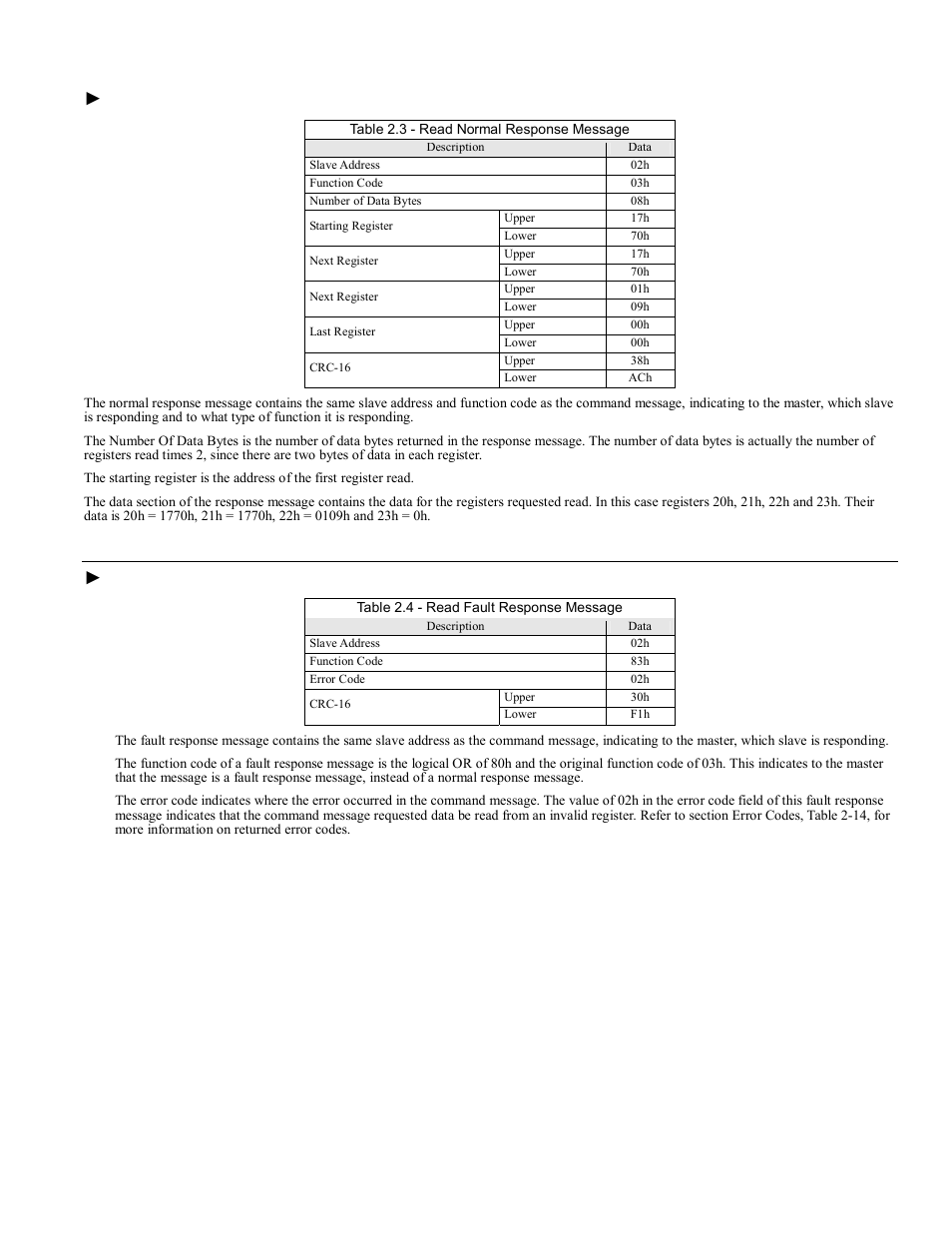 Read multiple registers normal response message, Read multiple registers fault response message, Message formats 2-3 | Yaskawa F7 Modbus User Manual | Page 20 / 84