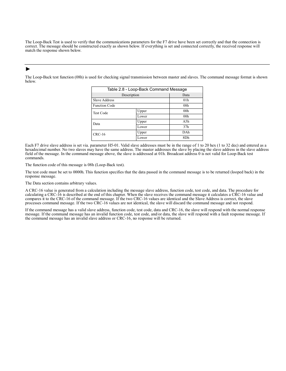 Loop-back test – function code 08h, Loop-back test – function code 08h -6, Loop-back test - 08h | Yaskawa F7 Modbus User Manual | Page 23 / 84