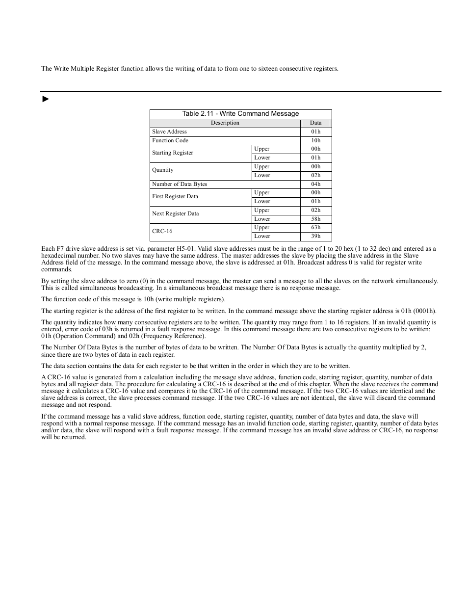 Write multiple registers – function code 10h, Write multiple registers – function code 10h -8, Write multiple registers command message | Yaskawa F7 Modbus User Manual | Page 25 / 84