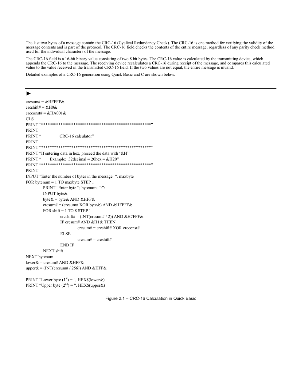 Crc-16 calculations, Crc-16 calculations -11, Crc-16 calculation example in basic | Yaskawa F7 Modbus User Manual | Page 28 / 84