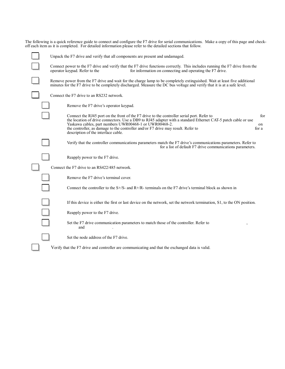 Connection check sheet, Connection check sheet -1 | Yaskawa F7 Modbus User Manual | Page 6 / 84