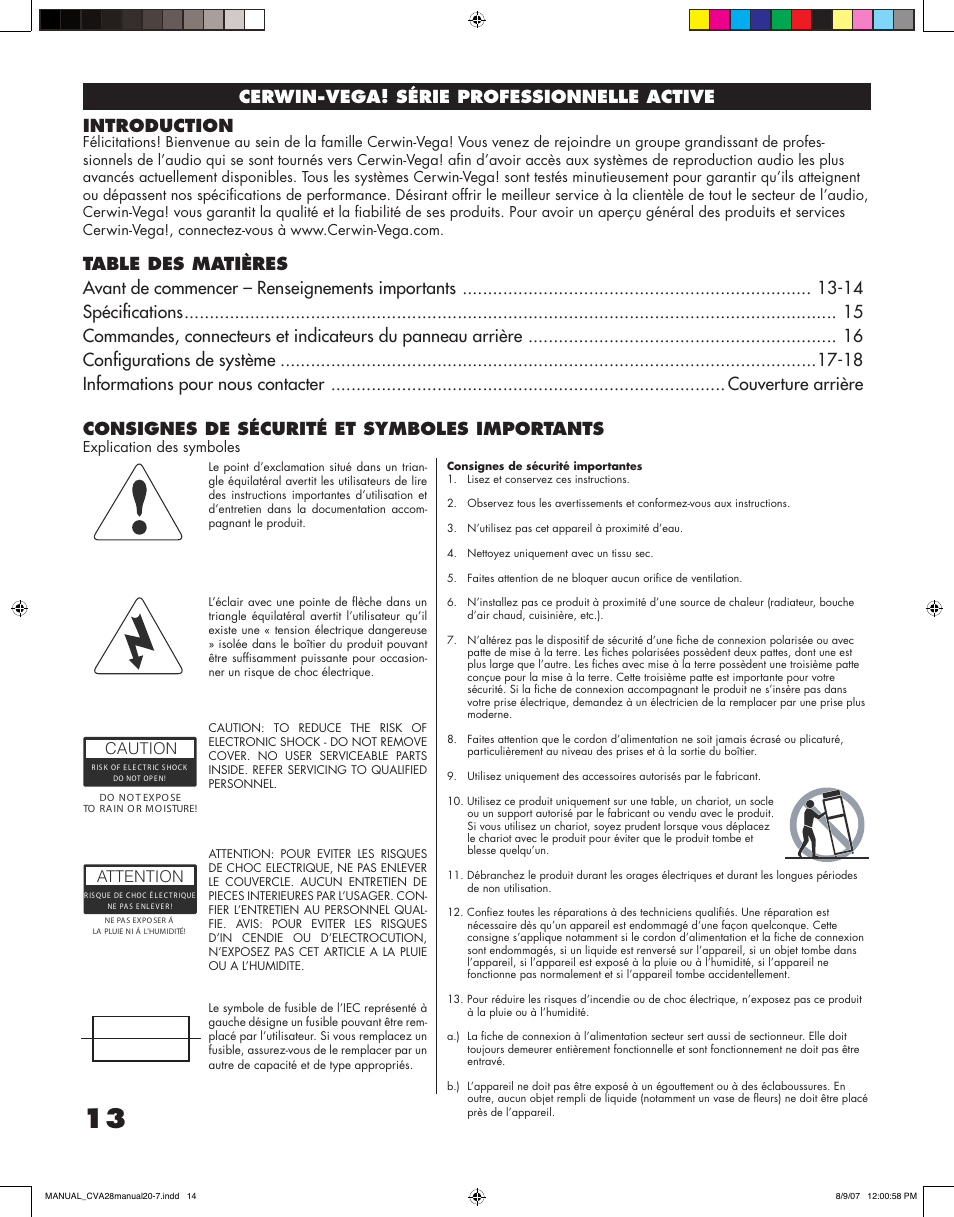 Caution, Attention | Cerwin-Vega CVA - 28 User Manual | Page 14 / 20