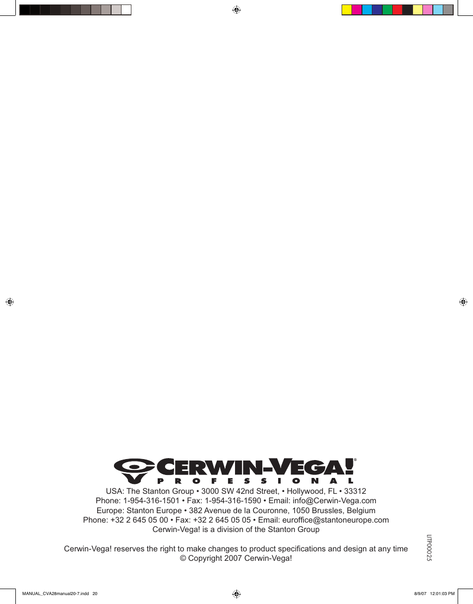 Cerwin-Vega CVA - 28 User Manual | Page 20 / 20