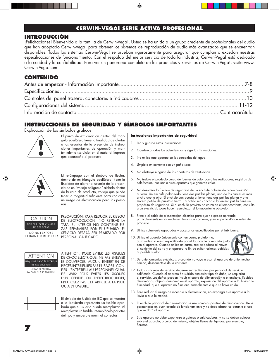 Caution, Attention | Cerwin-Vega CVA - 28 User Manual | Page 8 / 20