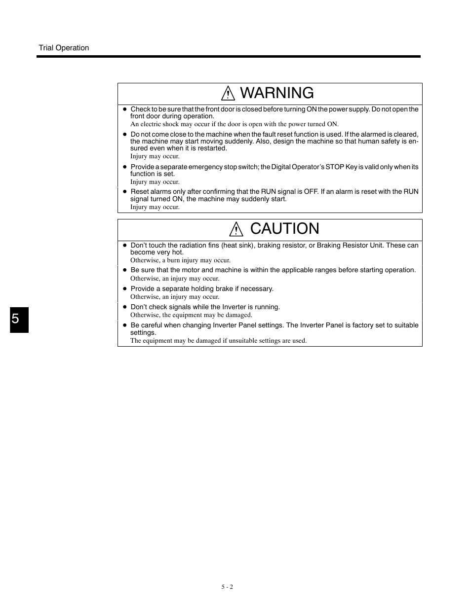 Warning, Caution | Yaskawa G5HHP Drive User Manual | Page 106 / 374