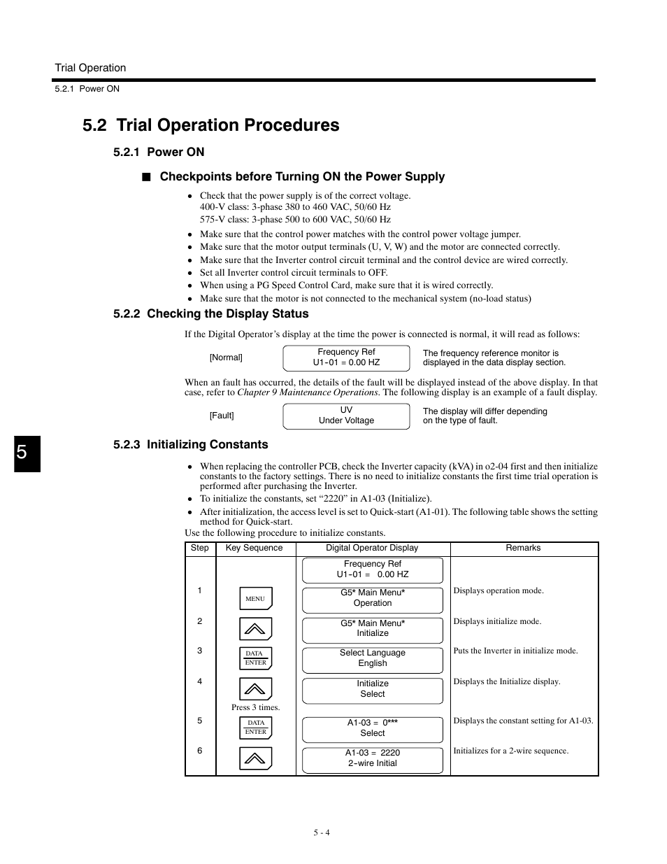 2 trial operation procedures, 1 power on, 2 checking the display status | 3 initializing constants, Checkpoints before turning on the power supply | Yaskawa G5HHP Drive User Manual | Page 108 / 374