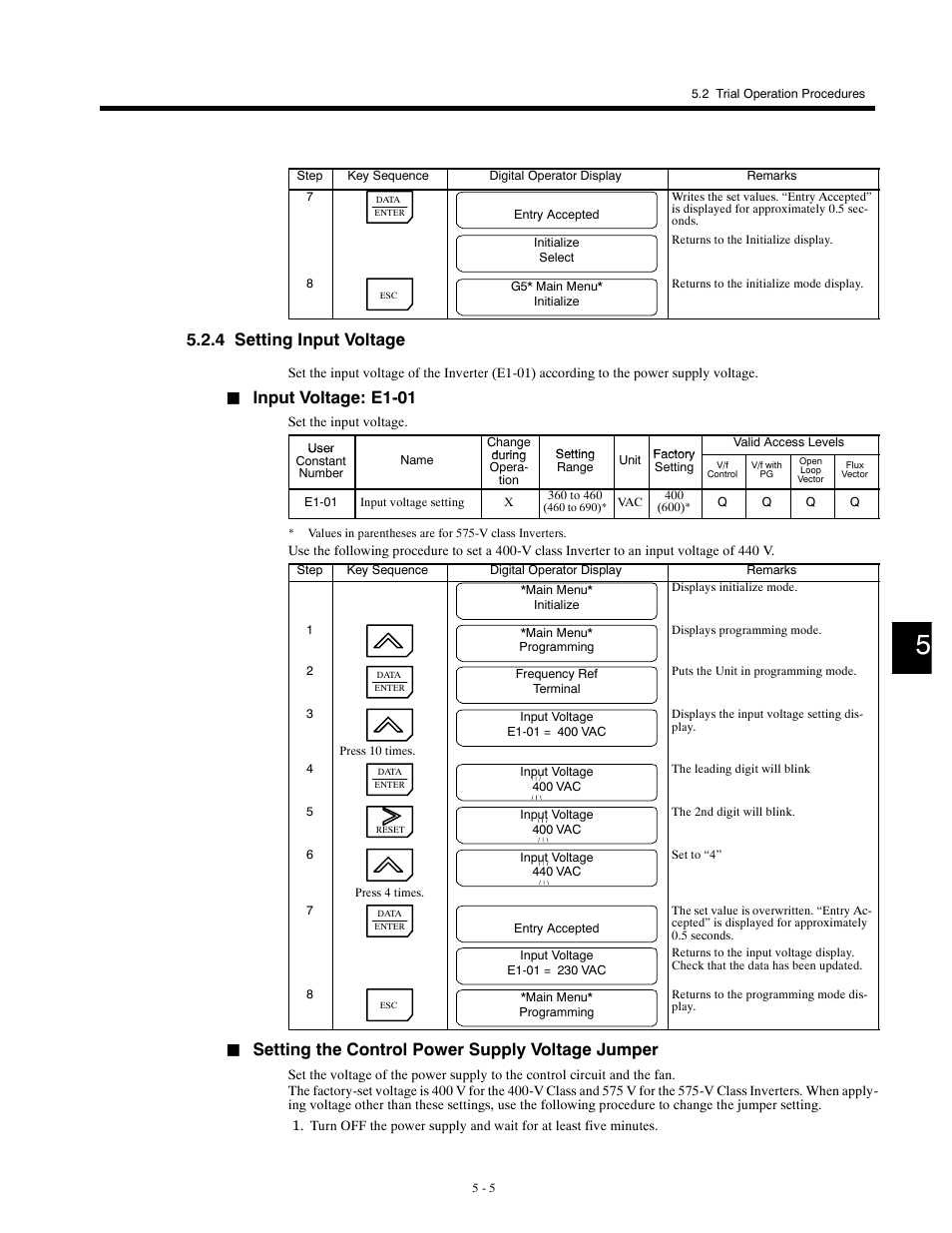 4 setting input voltage, Input voltage: e1-01, Setting the control power supply voltage jumper | Yaskawa G5HHP Drive User Manual | Page 109 / 374