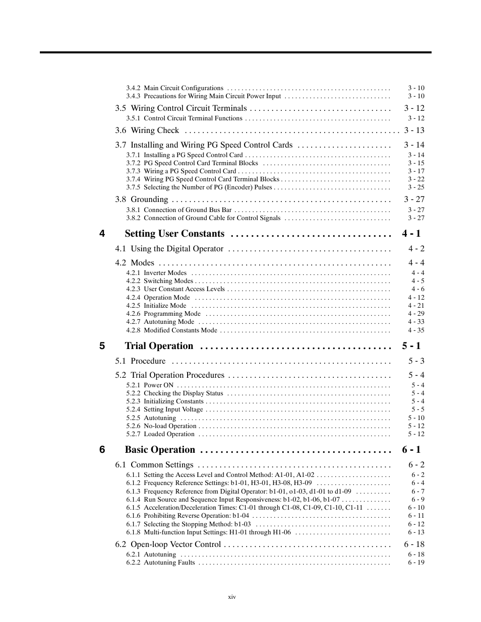 4setting user constants 4 - 1, 5trial operation 5 - 1, 6basic operation 6 - 1 | Yaskawa G5HHP Drive User Manual | Page 13 / 374