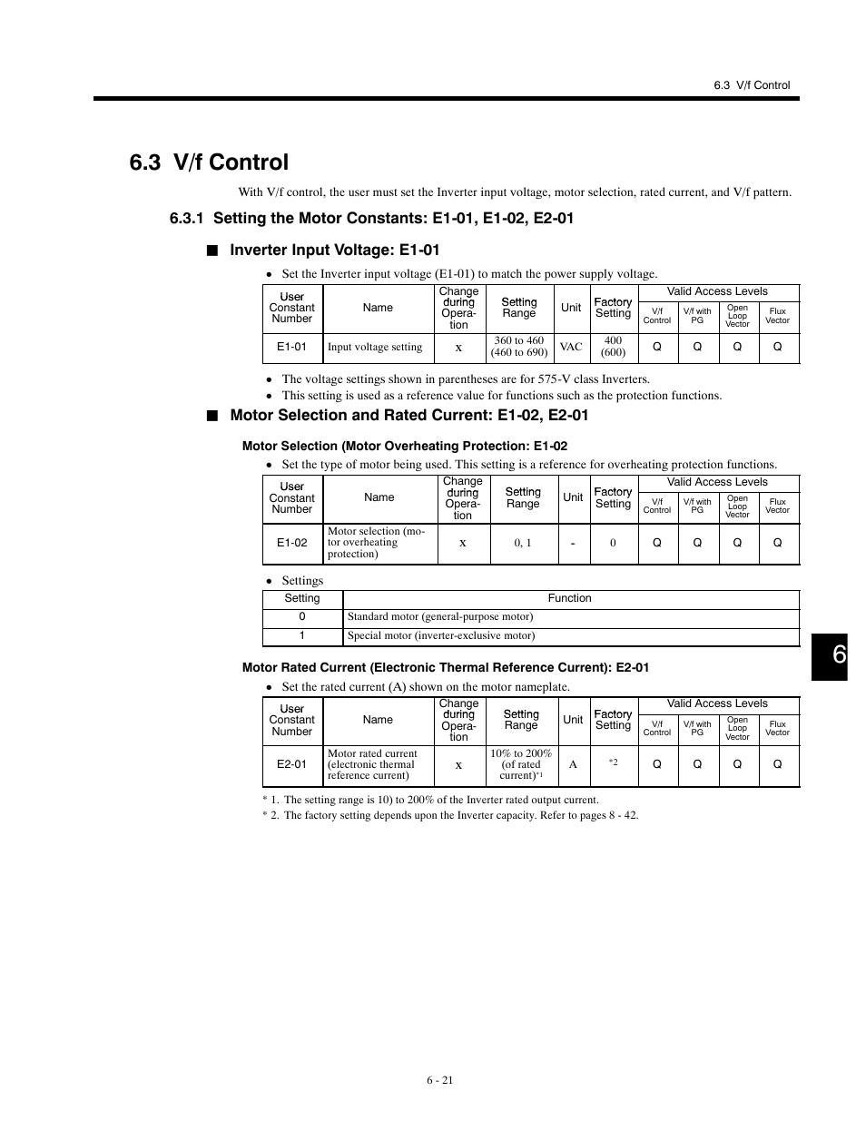 3 v/f control, 1 setting the motor constants: e1-01, e1-02, e2-01, Inverter input voltage: e1-01 | Yaskawa G5HHP Drive User Manual | Page 139 / 374