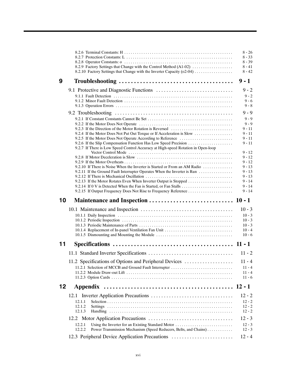 9troubleshooting 9 - 1 | Yaskawa G5HHP Drive User Manual | Page 15 / 374