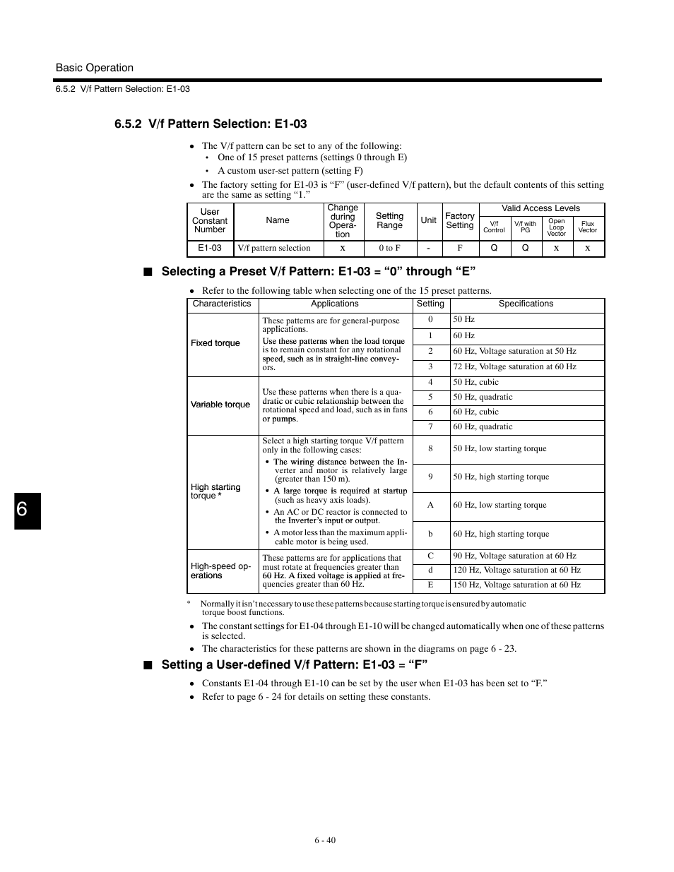 2 v/f pattern selection: e1-03, Setting a user-defined v/f pattern: e1-03 = “f | Yaskawa G5HHP Drive User Manual | Page 158 / 374