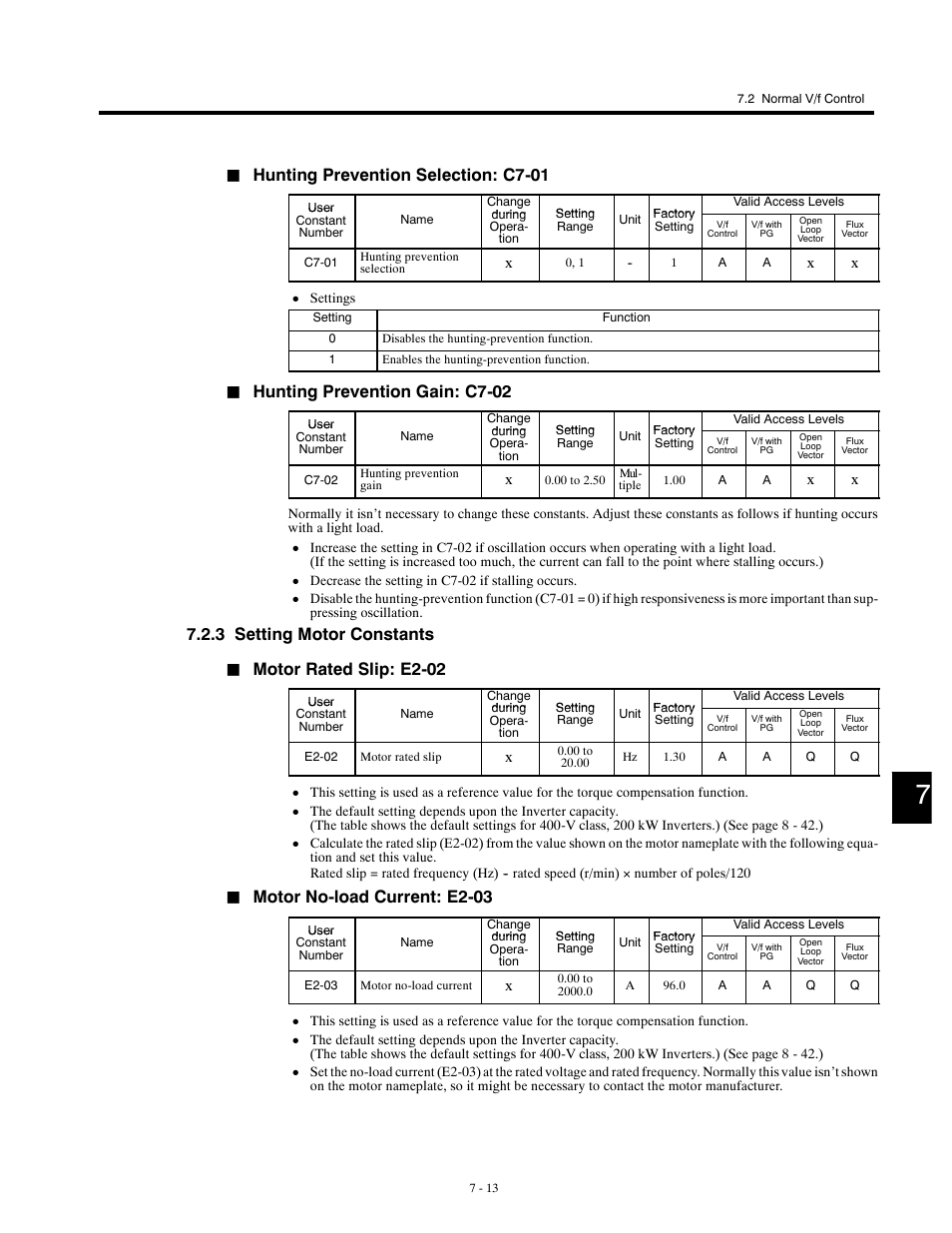 3 setting motor constants, Hunting prevention selection: c7-01, Hunting prevention gain: c7-02 | Motor rated slip: e2-02, Motor no-load current: e2-03 | Yaskawa G5HHP Drive User Manual | Page 177 / 374