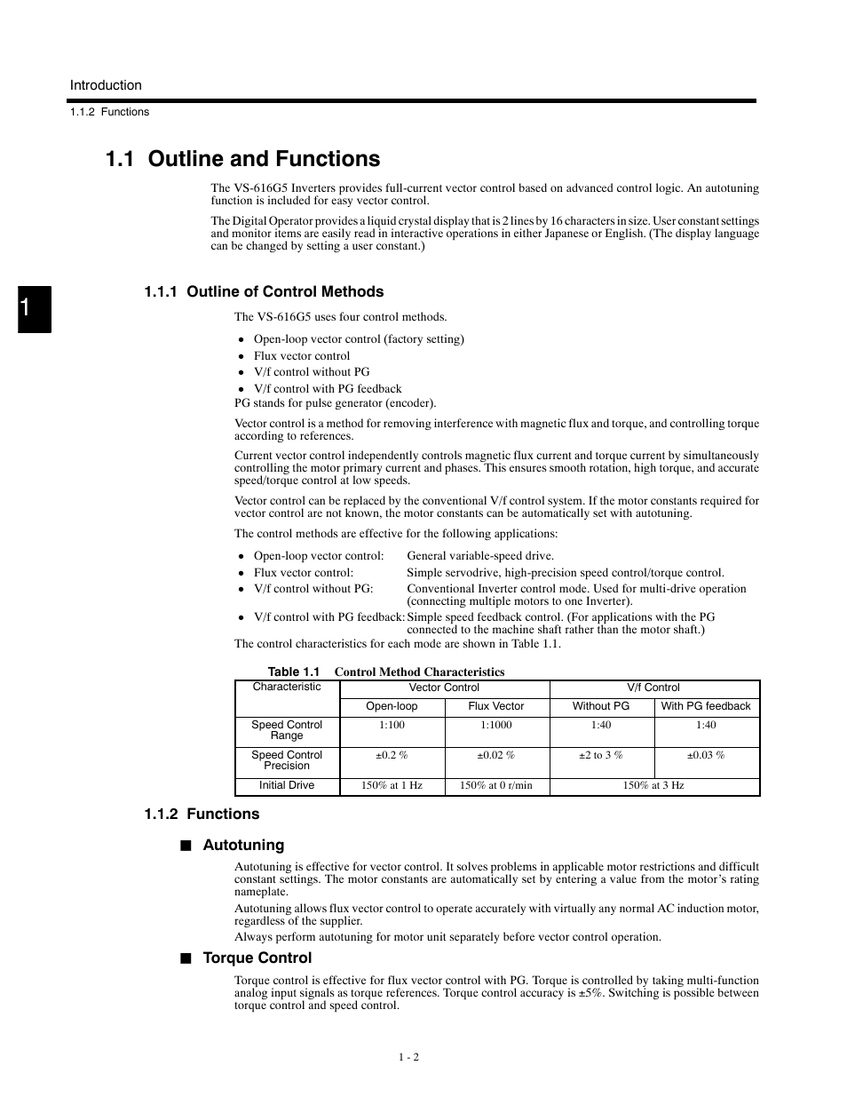 1 outline and functions, 1 outline of control methods, 2 functions | Autotuning, Torque control | Yaskawa G5HHP Drive User Manual | Page 18 / 374