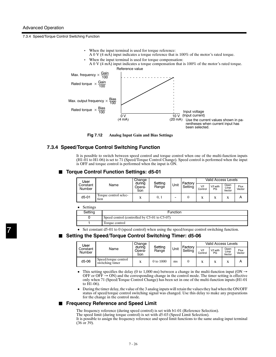 4 speed/torque control switching function, Torque control function settings: d5-01, Frequency reference and speed limit | Yaskawa G5HHP Drive User Manual | Page 190 / 374