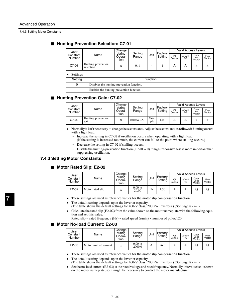 3 setting motor constants, Hunting prevention selection: c7-01, Hunting prevention gain: c7-02 | Motor rated slip: e2-02, Motor no-load current: e2-03 | Yaskawa G5HHP Drive User Manual | Page 200 / 374