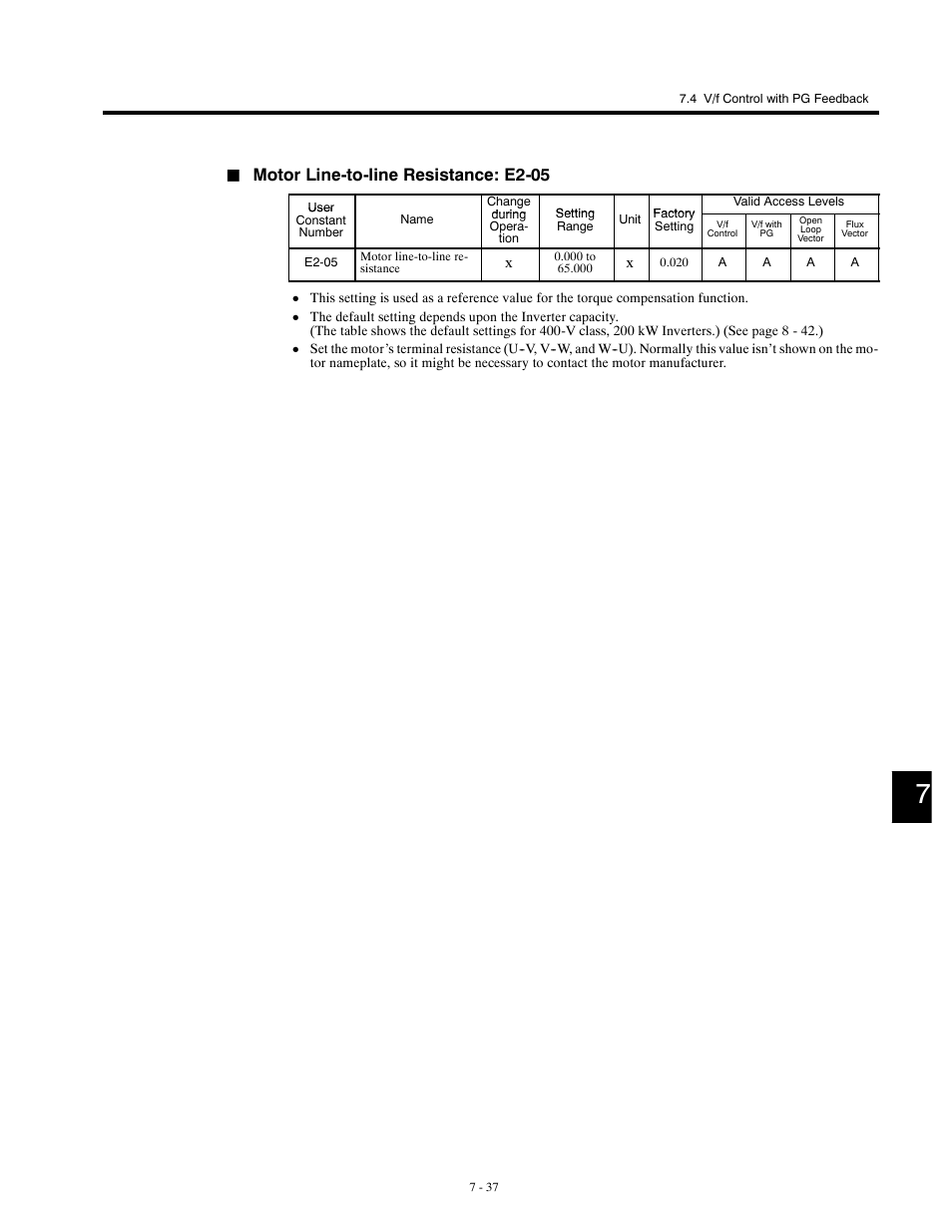 Motor line-to-line resistance: e2-05 | Yaskawa G5HHP Drive User Manual | Page 201 / 374
