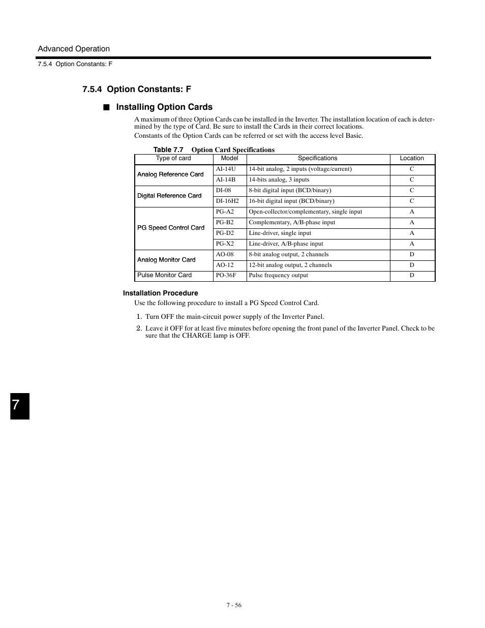4 option constants: f, Installing option cards | Yaskawa G5HHP Drive User Manual | Page 220 / 374
