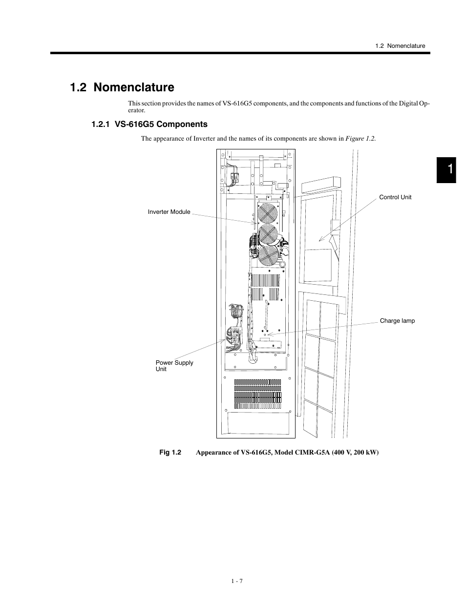 2 nomenclature, 1 vs-616g5 components | Yaskawa G5HHP Drive User Manual | Page 23 / 374