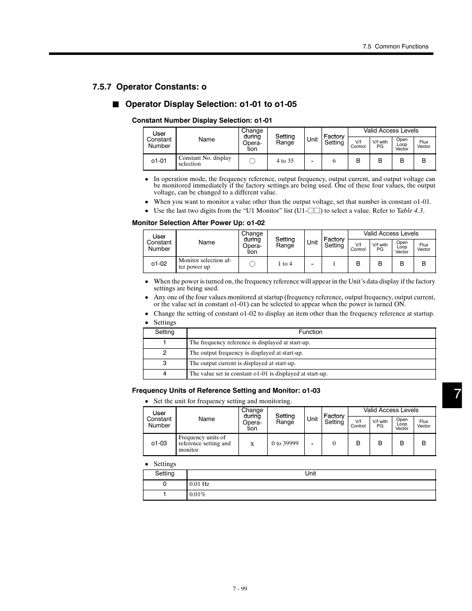7 operator constants: o | Yaskawa G5HHP Drive User Manual | Page 263 / 374