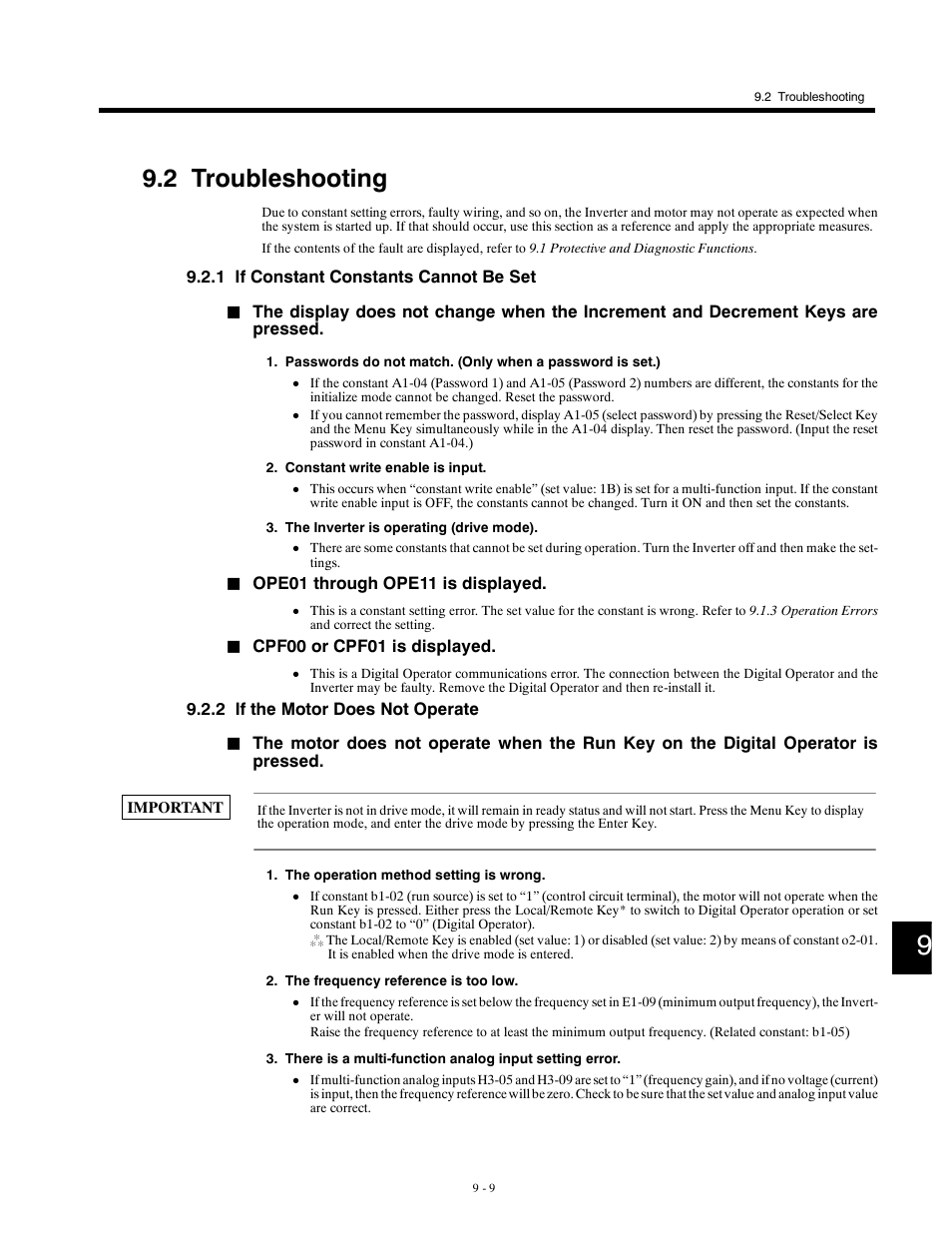 2 troubleshooting, 1 if constant constants cannot be set, 2 if the motor does not operate | Yaskawa G5HHP Drive User Manual | Page 319 / 374