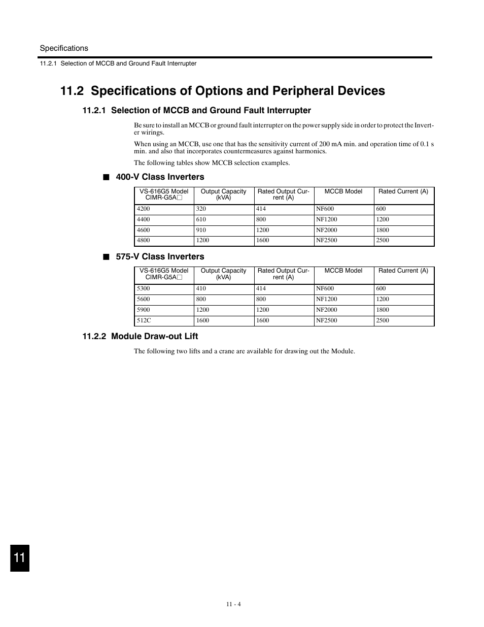 2 specifications of options and peripheral devices, 1 selection of mccb and ground fault interrupter, 2 module draw-out lift | V class inverters | Yaskawa G5HHP Drive User Manual | Page 344 / 374