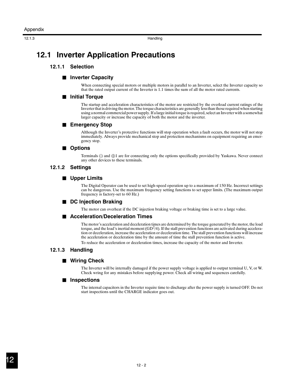 1 inverter application precautions, 1 selection, 2 settings | 3 handling | Yaskawa G5HHP Drive User Manual | Page 350 / 374