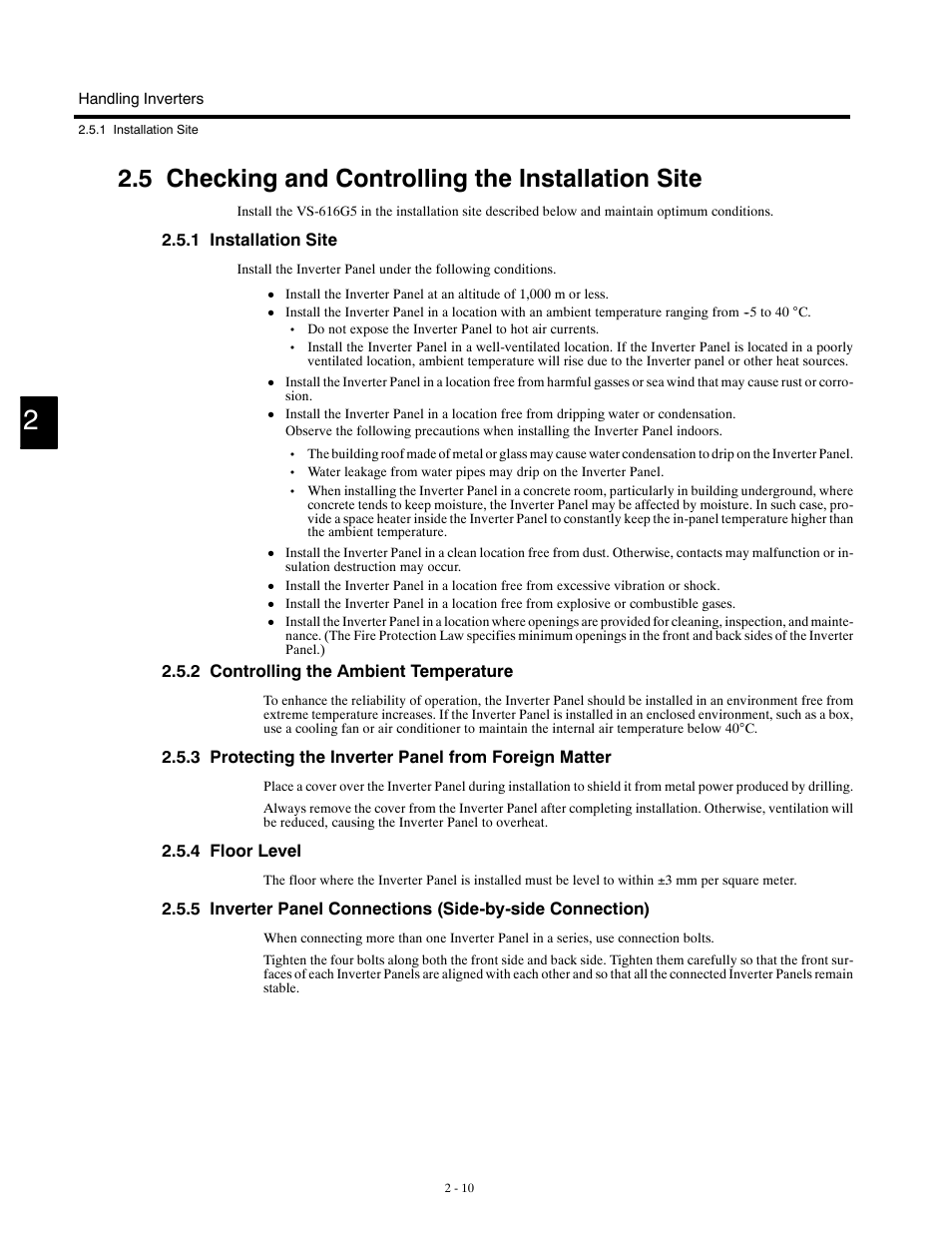 5 checking and controlling the installation site, 1 installation site, 2 controlling the ambient temperature | 4 floor level | Yaskawa G5HHP Drive User Manual | Page 36 / 374