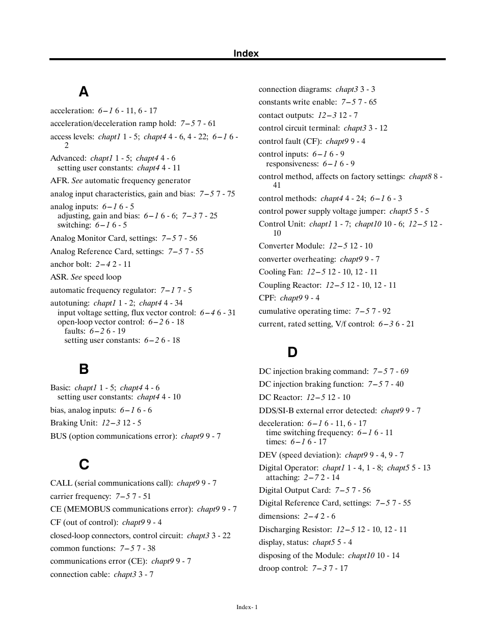 Indexes, Index a-d | Yaskawa G5HHP Drive User Manual | Page 367 / 374
