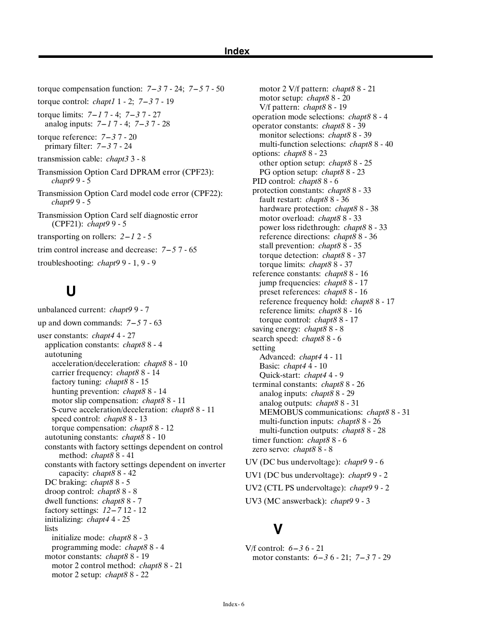 Index u-v | Yaskawa G5HHP Drive User Manual | Page 372 / 374