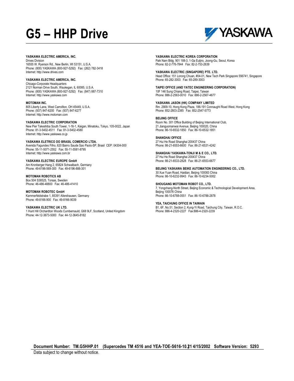 G5 – hhp drive | Yaskawa G5HHP Drive User Manual | Page 374 / 374