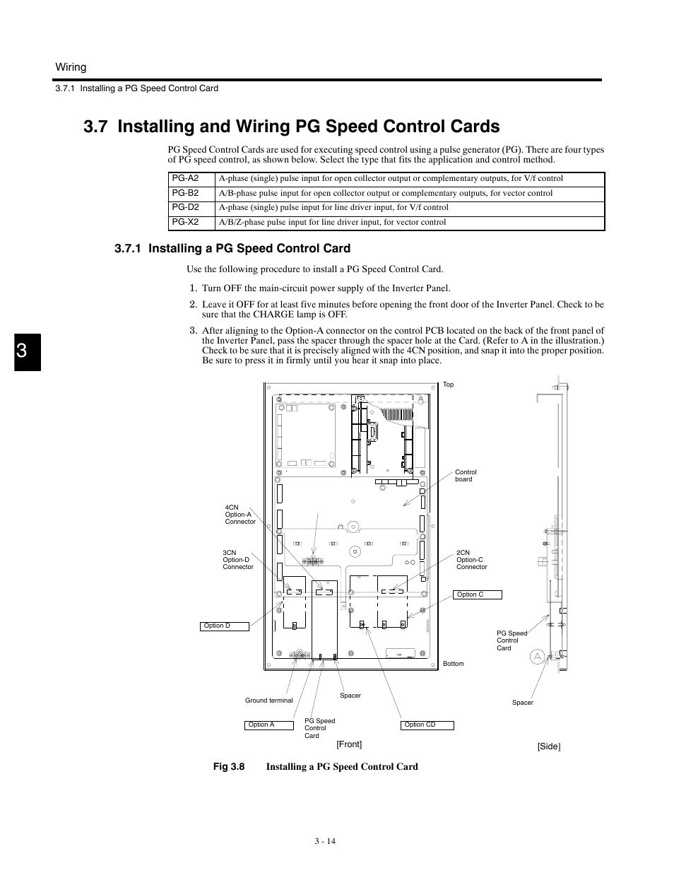 7 installing and wiring pg speed control cards, 1 installing a pg speed control card | Yaskawa G5HHP Drive User Manual | Page 54 / 374