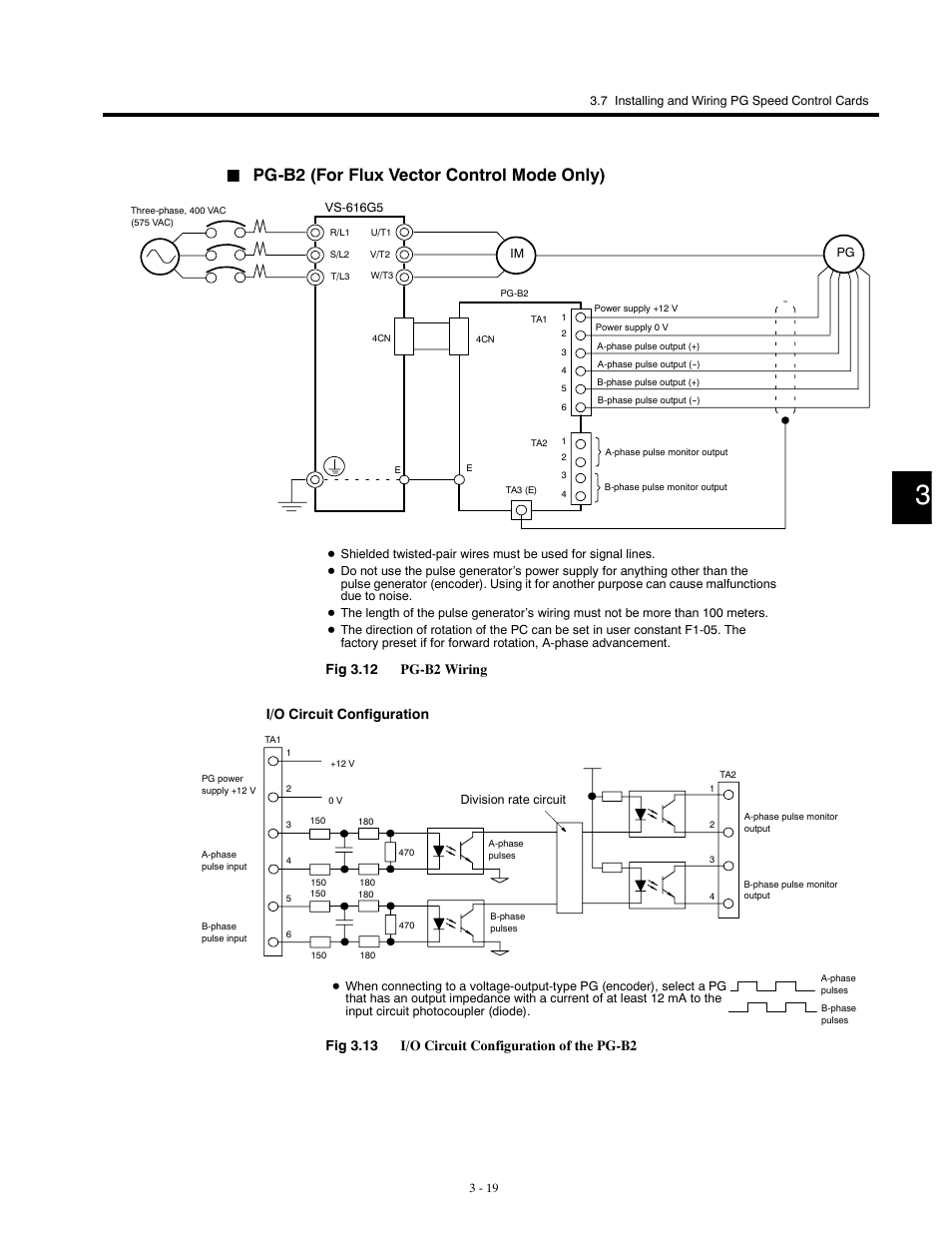 Pg-b2 (for flux vector control mode only), Fig 3.12 pg-b2 wiring i/o circuit configuration, Fig 3.13 i/o circuit configuration of the pg-b2 | Yaskawa G5HHP Drive User Manual | Page 59 / 374