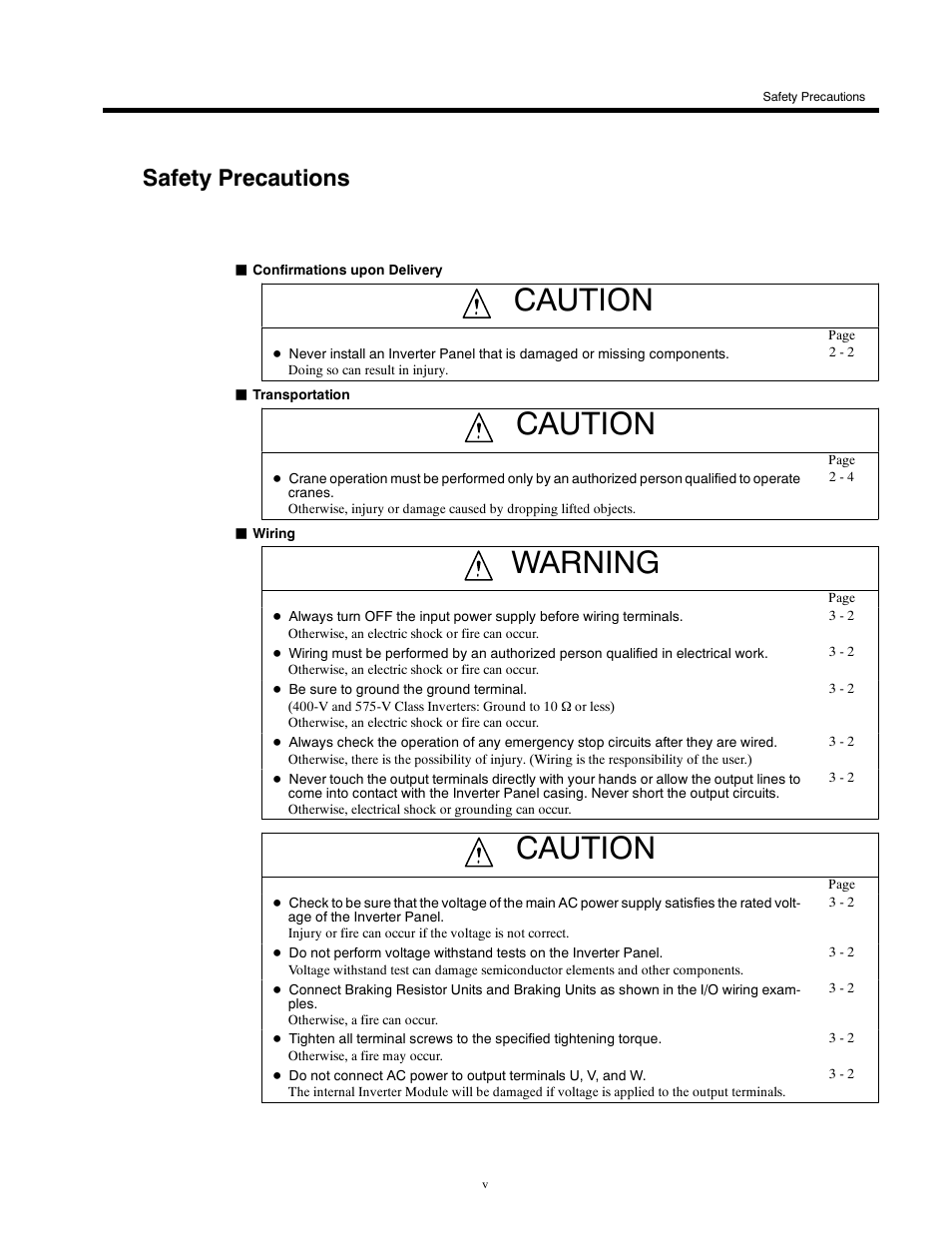 Safety precautions, Caution, Warning | Yaskawa G5HHP Drive User Manual | Page 6 / 374