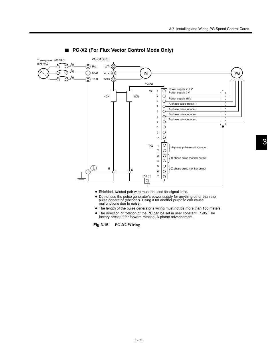 Pg-x2 (for flux vector control mode only), Fig 3.15 pg-x2 wiring | Yaskawa G5HHP Drive User Manual | Page 61 / 374