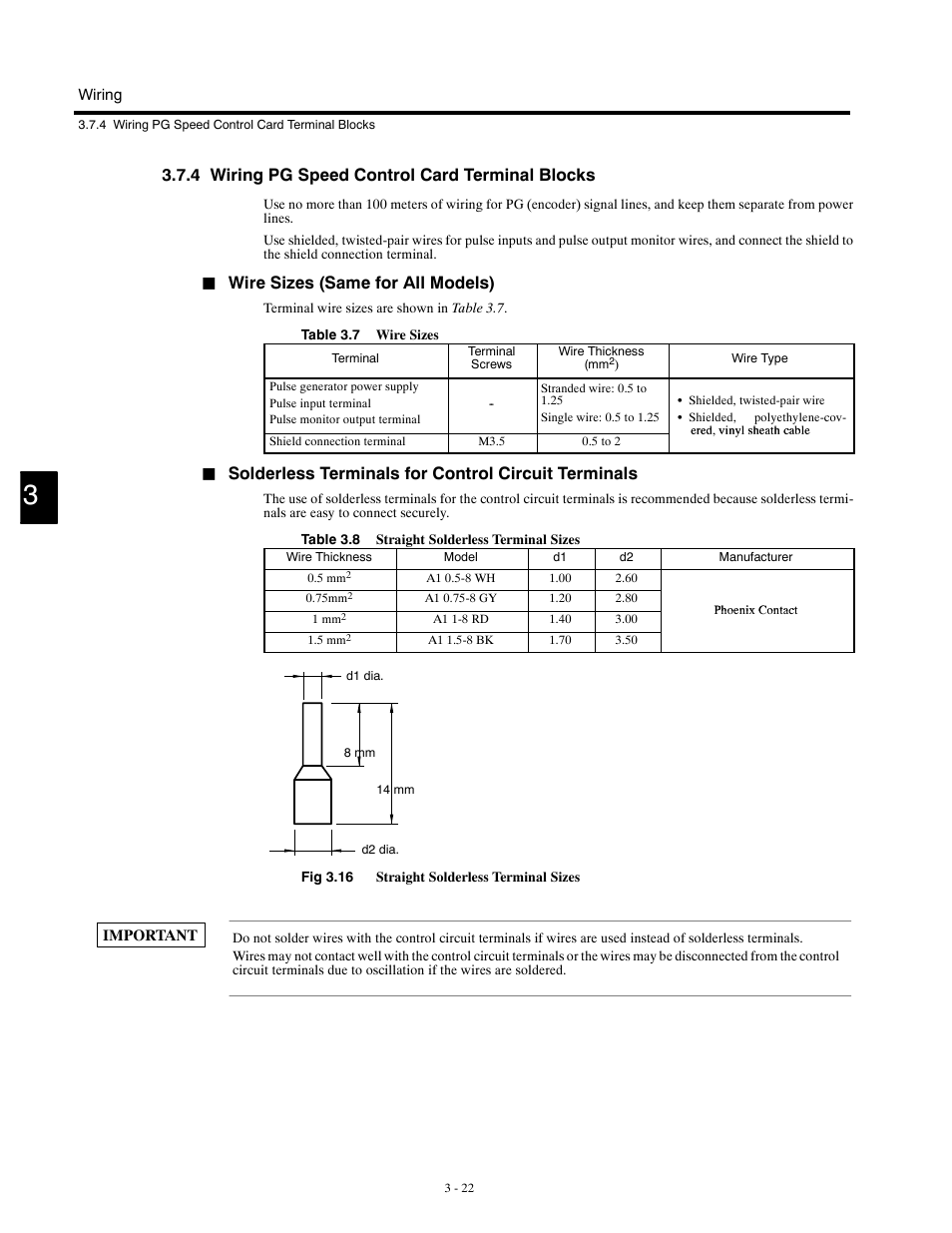 4 wiring pg speed control card terminal blocks, Wire sizes (same for all models), Solderless terminals for control circuit terminals | Yaskawa G5HHP Drive User Manual | Page 62 / 374