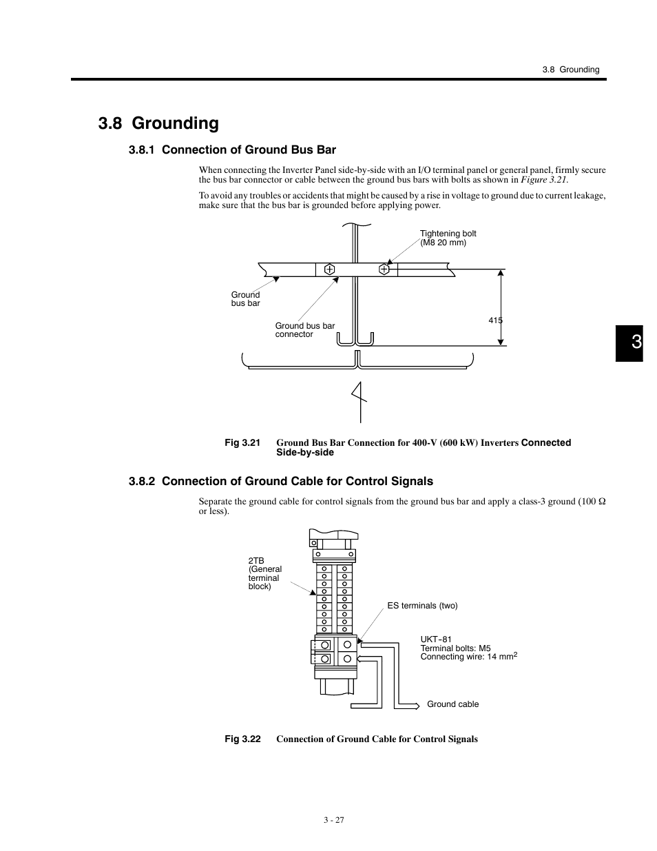 8 grounding, 1 connection of ground bus bar, 2 connection of ground cable for control signals | Yaskawa G5HHP Drive User Manual | Page 67 / 374