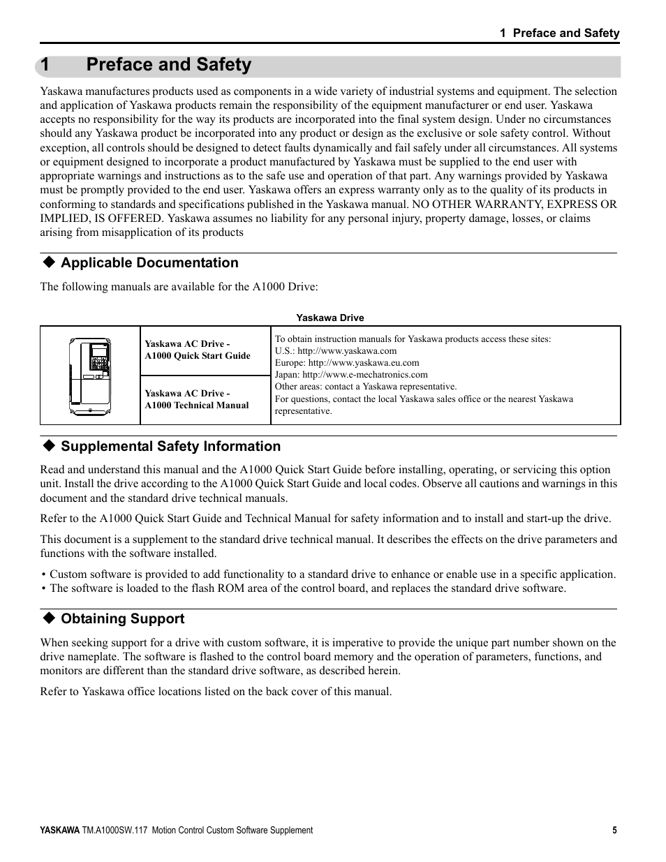 1 preface and safety, Applicable documentation, Supplemental safety information | Obtaining support, Preface and safety, 1preface and safety | Yaskawa AC Drive - A1000 Motion Control Custom User Manual | Page 5 / 44