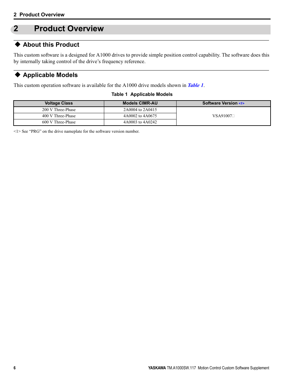 2 product overview, About this product, Applicable models | Product overview, 2product overview | Yaskawa AC Drive - A1000 Motion Control Custom User Manual | Page 6 / 44