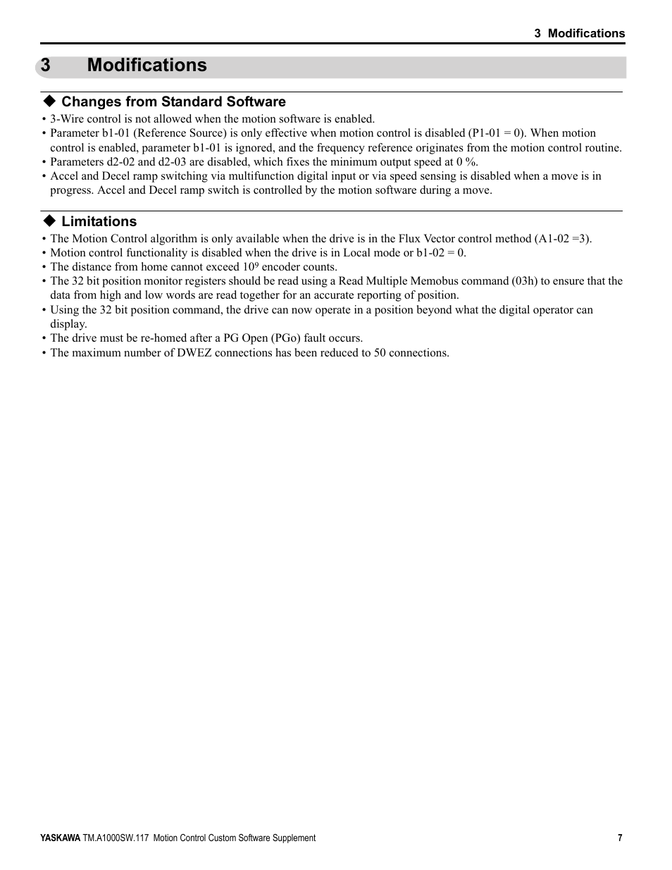 3 modifications, Changes from standard software, Limitations | Modifications, 3modifications | Yaskawa AC Drive - A1000 Motion Control Custom User Manual | Page 7 / 44