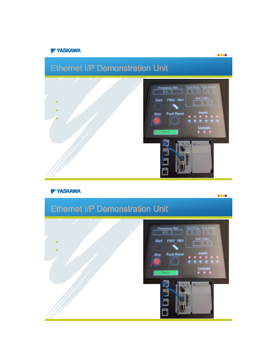 Ethernet i/p demonstration unit, Set up and configuration, Using the ethernet demo | Ethernet demo connections, Si-en3 option, Parameters to adjust, Start, run drive fwd at 60 hz, Touch screen input switches | Yaskawa SI-EN3 EtherNet/IP User Manual | Page 6 / 8
